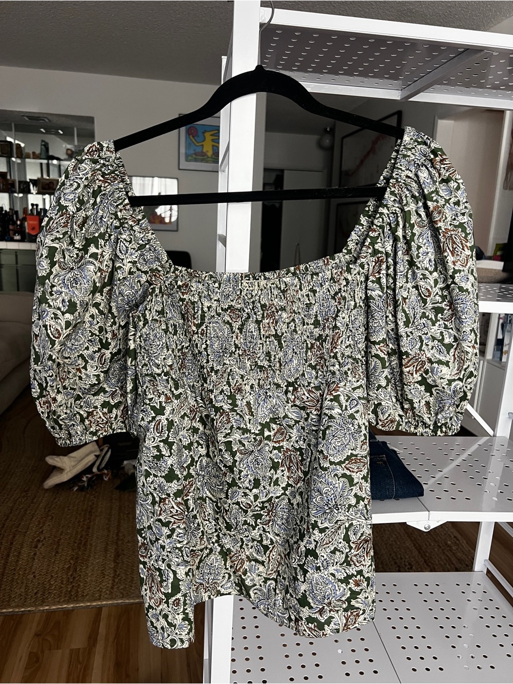 Sezane Olive Green Floral Smocked Puff-Sleeve Top